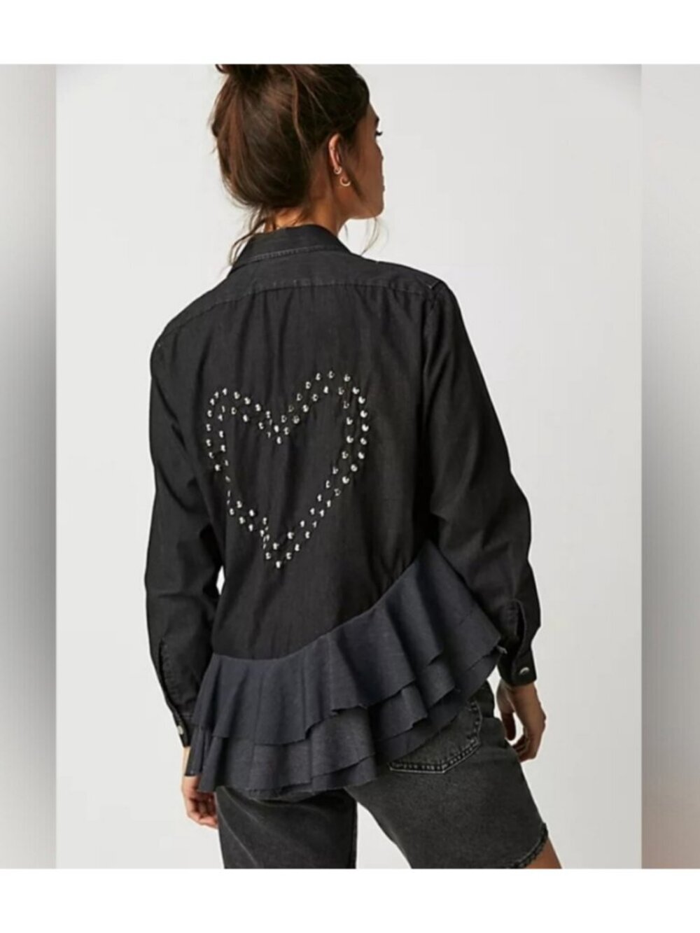FREE PEOPLE Tricia Fix Top/Jacket • Rare Sold-Out Studded Heart Ruffle Button-Up